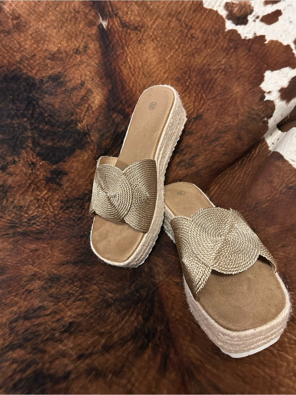 Woven Metallic Gold Platform Slide Sandals